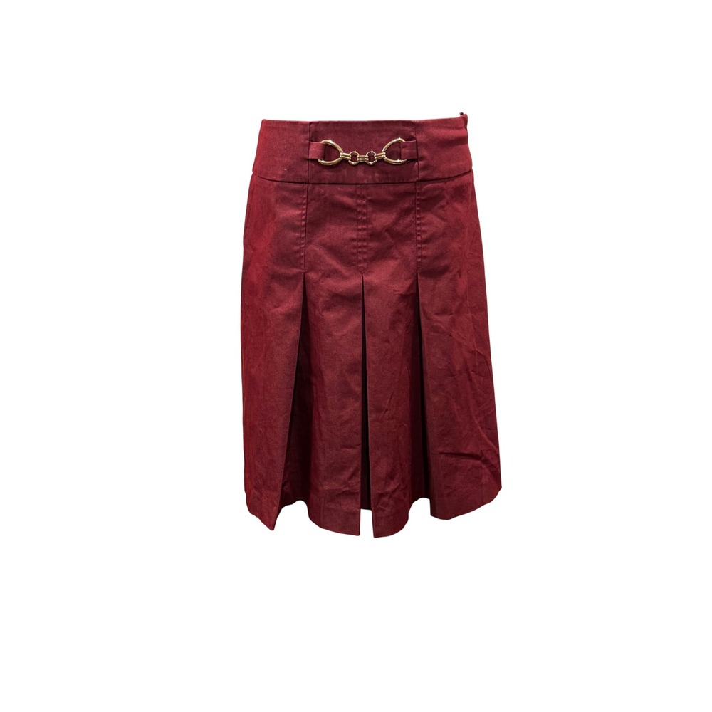 New York & Company Burgundy Horsebit Pleated Knee Length Skirt Size 6 Stretch